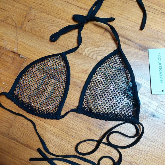 Hot & Delicious Black Mesh Bedazzled Rhinestone Festival Bikini Top Medium NWT - Picture 5 of 9